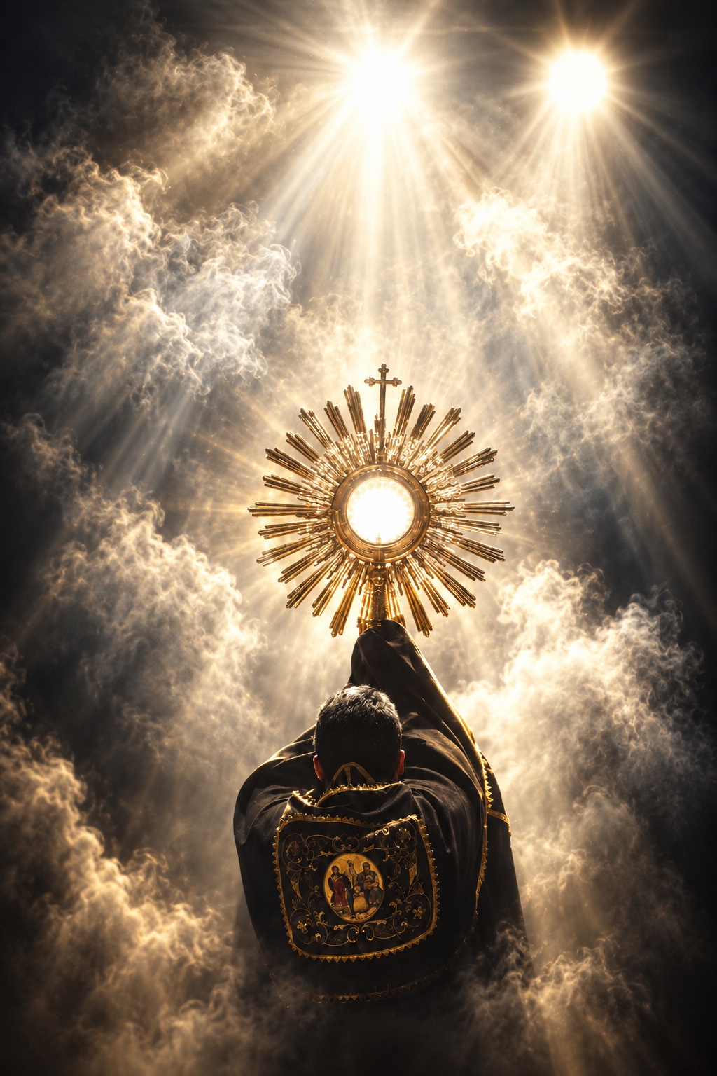 A golden monstrance raised amid incense and radiant beams of light