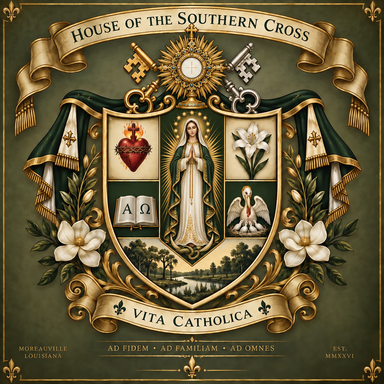 House of the Southern Cross crest, with the Blessed Mother, a monstrance, the Sacred Heart, lilies, Scripture, and Louisiana scenery